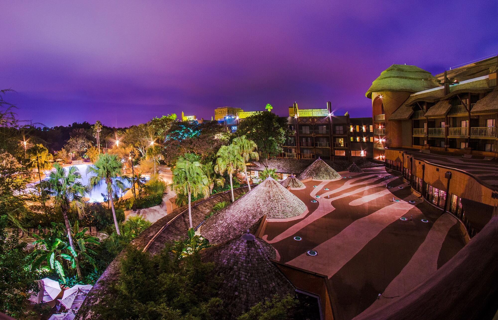 Disney Vacation Club DVC Resort Animal Kingdom Lodge Jambo House wide view at night