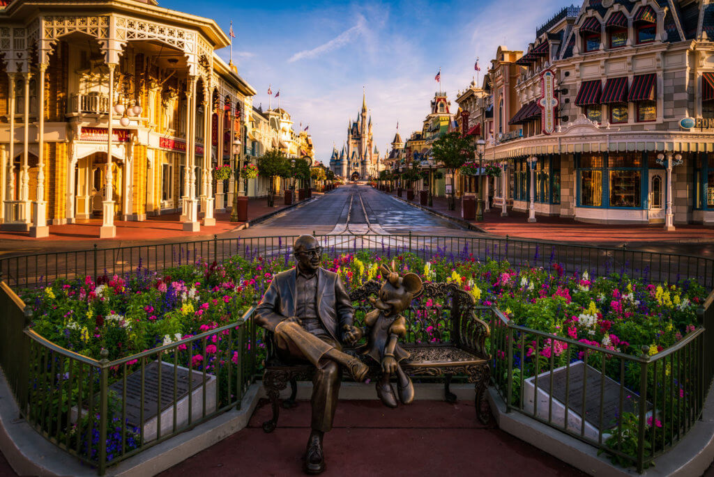 Sharing statue empty pre park opening at Magic Kingdom Disney World